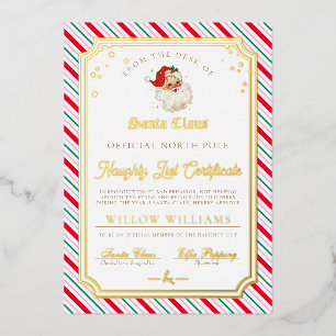 Feestelijke Stripe Naughty List Certificaat Folie  Folie Uitnodiging