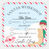 Feestelijke Stripe Santa's Workshop Gift Vierkante Sticker (Voorkant)