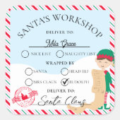 Feestelijke Stripe Santa's Workshop Gift Vierkante Sticker (Voorkant)