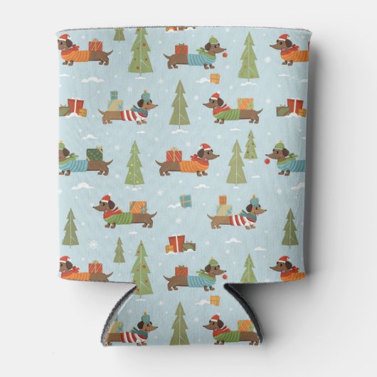 Feestelijke teckels in het sneeuwpatroon blikjeskoeler (Voorkant)