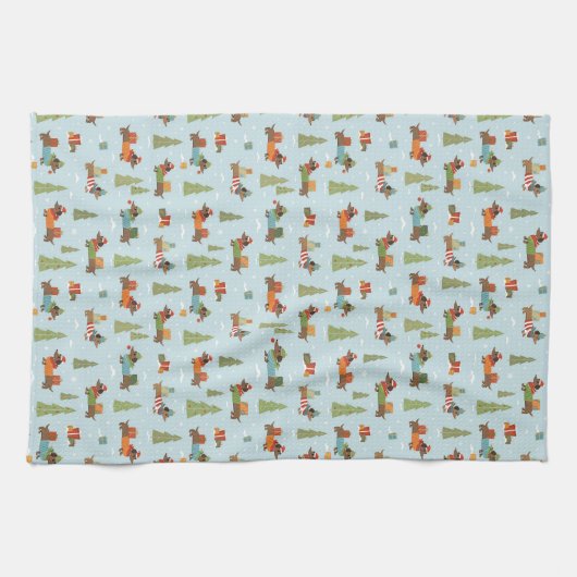 Feestelijke teckels in het sneeuwpatroon theedoek (Horizontaal)