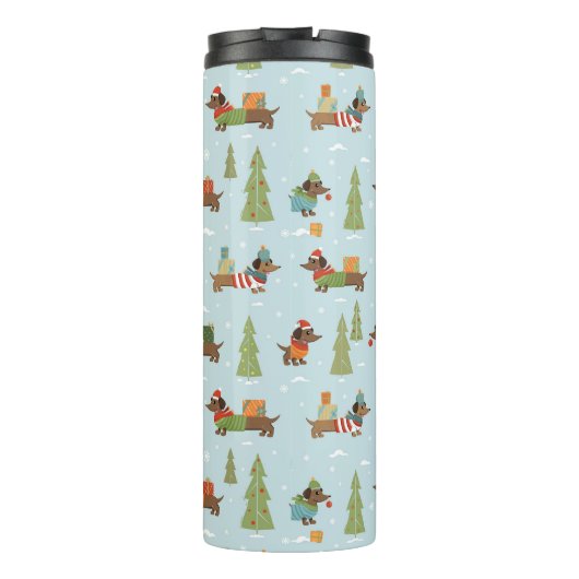 Feestelijke teckels in het sneeuwpatroon thermosbeker (Achterkant)