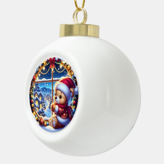 Feestelijke teddybeer en winterlandschap keramische bal ornament (Rechts)