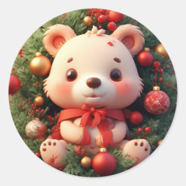 Feestelijke teddybeer met cadeaus en kerstboom ronde sticker