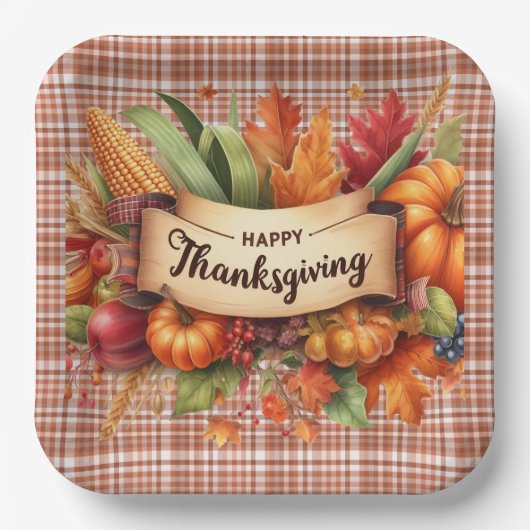 Feestelijke Thanksgiving Gingham Square Paper Bord (Voorkant)