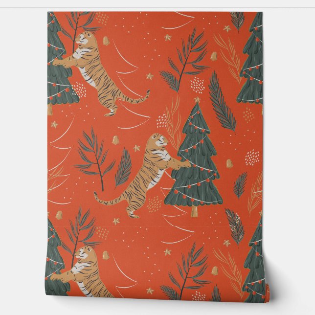 Feestelijke tijgers en kerstbomen behang (Afrollen)