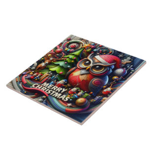 Feestelijke uil en vrienden vieren kerstvreugde tegeltje