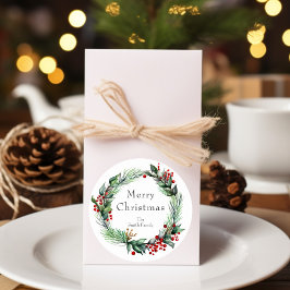 Feestelijke vakantie bessen krans met naam ronde sticker