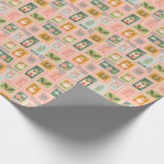 Feestelijke Vakantie Postzegels op Pink Cadeaupapier (Hoek)