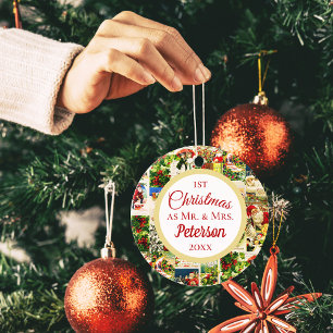 Feestelijke Vintage Eerste Kerstmis als Mr en Mrs Keramisch Ornament