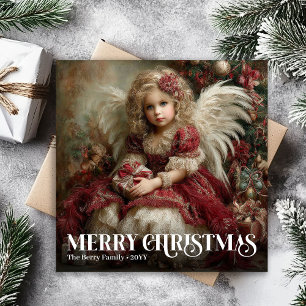 Feestelijke Vintage Engel Goud Rode Kerst Groet Feestdagenkaart