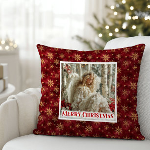 Feestelijke Vintage Engel Rood Goud Accent Kerstmi Kussen