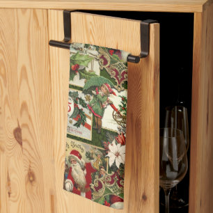 Feestelijke Vintage Kerst Ephemera Collage-Green Theedoek