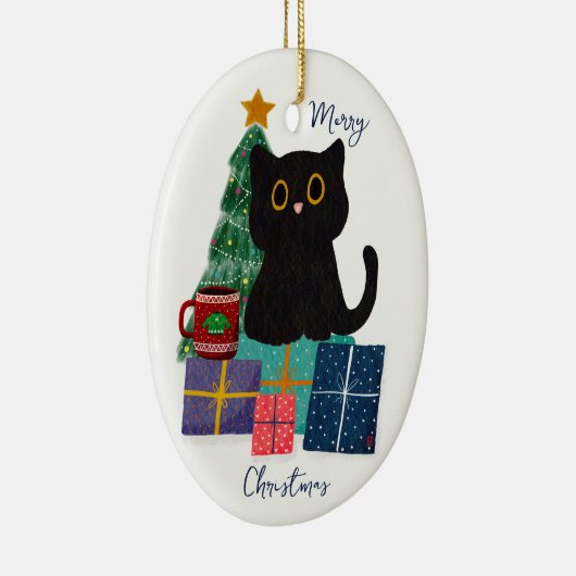 Feestelijke Vrolijke Kerst Schattige Zwarte Kat Ko Keramisch Ornament (Rechts)