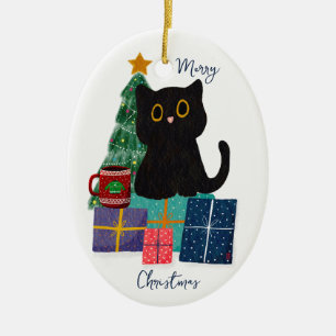 Feestelijke vrolijke kerst schattige zwarte kat ko keramisch ornament
