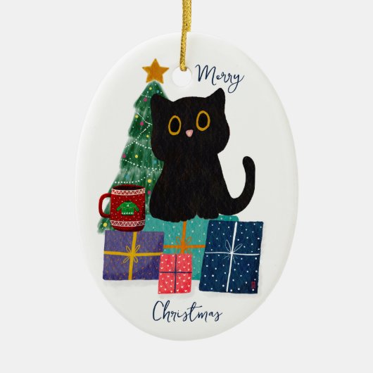Feestelijke Vrolijke Kerst Schattige Zwarte Kat Ko Keramisch Ornament (Voorkant)