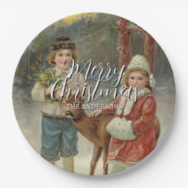 Feestelijke vrolijke kerstwinterkinderen papieren bordje