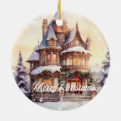 Feestelijke waterverf Kerst huis winter Keramisch Ornament (Achterkant)