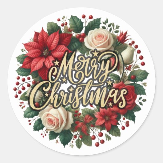 Feestelijke Waterverf Kerstkrans Rozen Ronde Sticker (Voorkant)