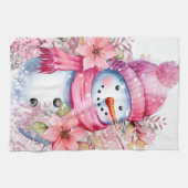 Feestelijke waterverf Kerstmis roze sneeuwpop Theedoek (Horizontaal)