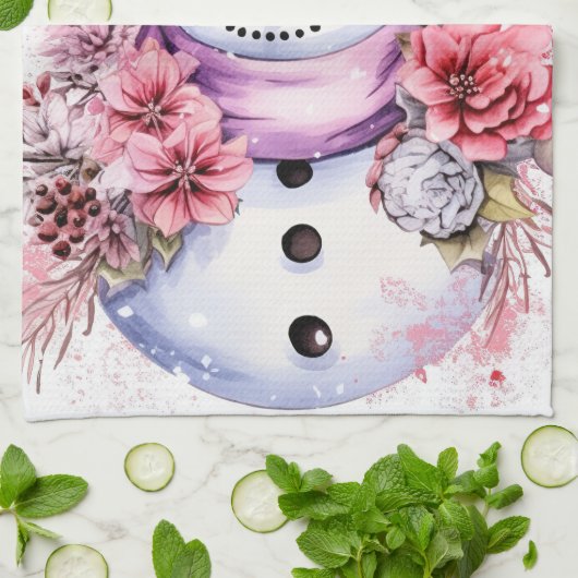 Feestelijke waterverf Kerstmis roze sneeuwpop Theedoek (Gevouwen)