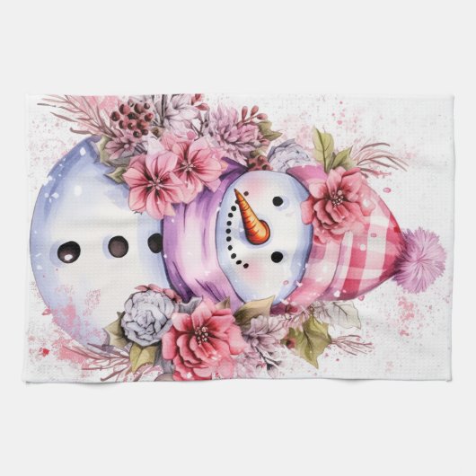 Feestelijke waterverf Kerstmis roze sneeuwpop Theedoek (Horizontaal)