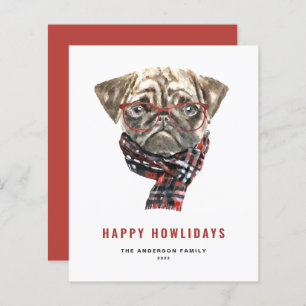 Feestelijke Waterverf Pug Happy Howlidays Kaart