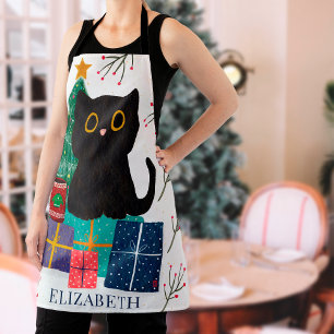 Feestelijke Whimsical Zwarte Kat Koffie Kunst Kers Schort