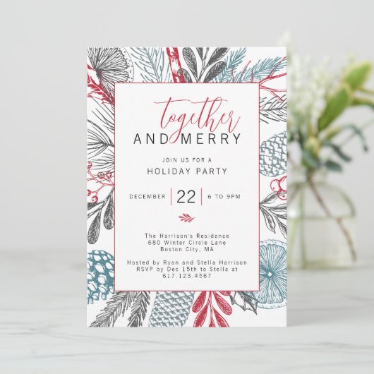 Feestelijke Winter Greenery Holiday Party Kaart (Staand voorkant)
