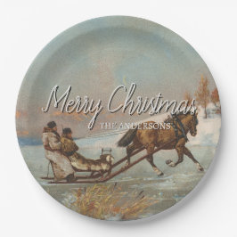 Feestelijke Winter Horse Sleigh Ride Scene Papieren Bordje