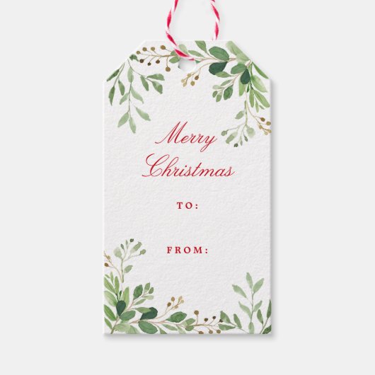 Feestelijke Wintergroen Waterverf Blad Holiday Cadeaulabel (Voorkant)