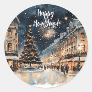 Feestelijke winterstadsscene met vuurwerk ronde sticker