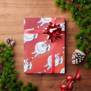 Feestelijke Witte PomPom Hondenpatroon op Rood Cadeaupapier