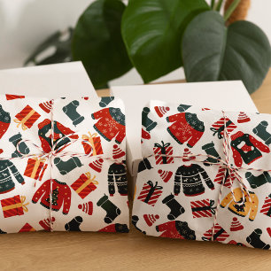 Feestelijke witte, rode & groene lelijke Kersttrui Inpakpapier Vel