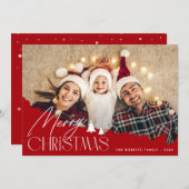 Feestelijke witte script vrolijk kerstfoto kaart (Voorkant / Achterkant)