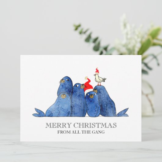 Feestelijke Zee Leeuwen Waterverf Feestdagenkaart (Staand voorkant)