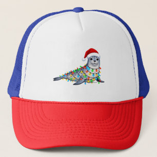 Feestelijke zeehond bedekt met kerstlichtjes trucker pet