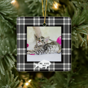 Feestelijke zwart-wit geruite kattennaam keramisch ornament