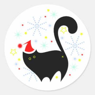 Feestelijke Zwarte Kat Kerstman Hoed Kerstmis Ronde Sticker