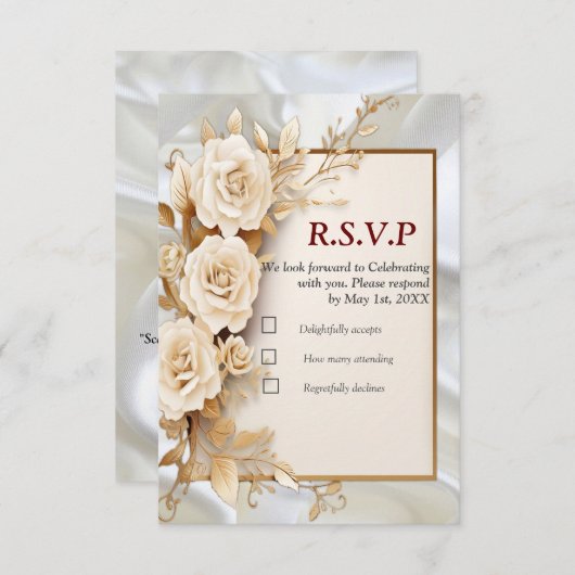 Feesten met witte bloemen en parels op zijde RSVP kaartje (Voorkant / Achterkant)