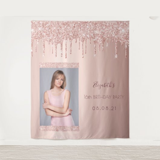 Feestfoto verjaardagsfeest roze gouden glitterspre wandkleed (Voorkant)