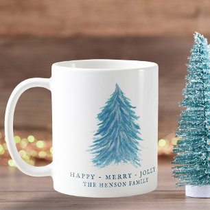 Feestive Blue Kersttree Waterverf Holiday Koffiemok