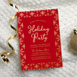 Feestive Red and Gold Snowflakes Holiday Party Folie Uitnodiging