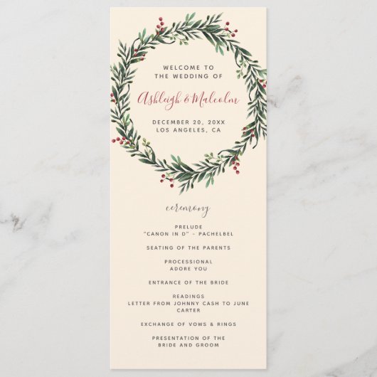 Feestive Waterverf Kerstmis Wreath Wedding Programma (Voorkant)