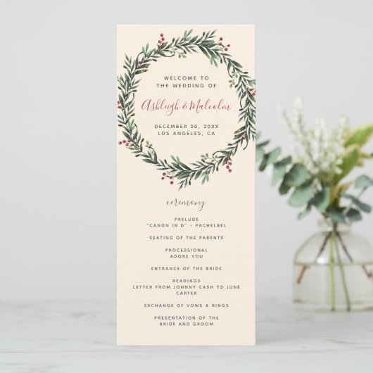 Feestive Waterverf Kerstmis Wreath Wedding Programma (Staand voorkant)