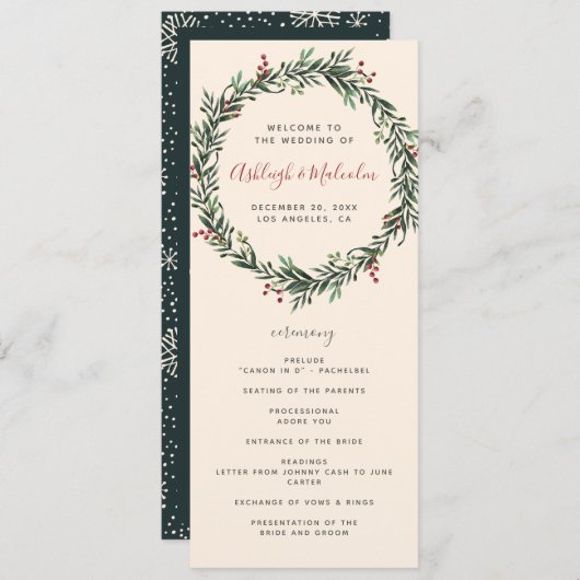 Feestive Waterverf Kerstmis Wreath Wedding Programma (Voorkant / Achterkant)