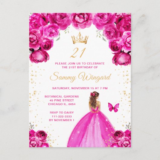 Feestje Prinses met Heet Roze Bruin Haar Briefkaart (Voorkant)