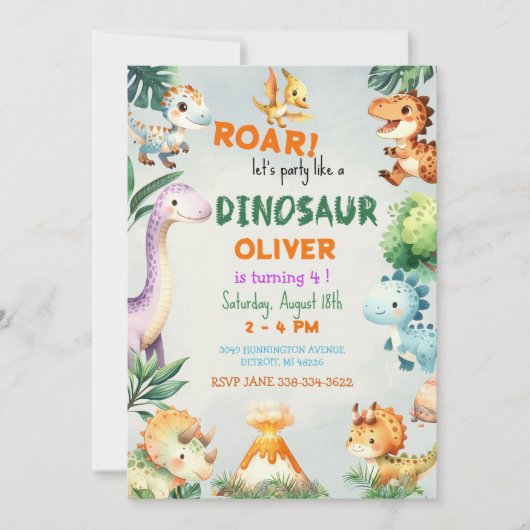 Feestje voor een schattige jongen, als een dinosau kaart (Voorkant)