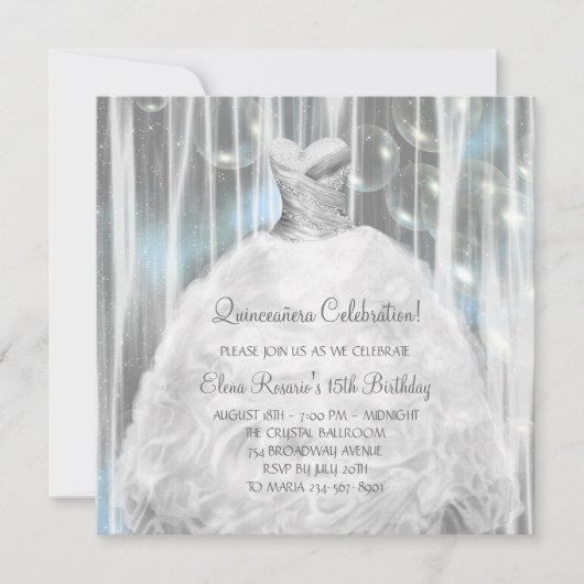 Feestjurk Witte en Blauwe Quinceanera Uitnodiginge Kaart (Voorkant)