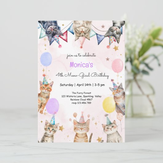 Feestkatten miauw-gical kinderen verjaardag kaart (Staand voorkant)